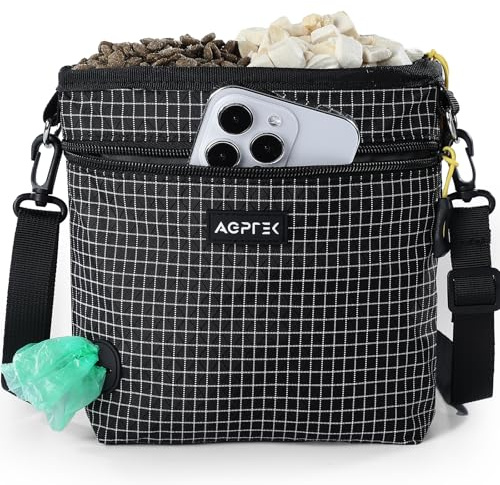 AGPTEK Dog Treat Pouch, Magnetic Dog Walking Pouch with Removable & Split Snack Bag, Water-Resistant Waist Pack with Poop Bag Dispenser & Hands-Free D-Ring for Training, Walking, Hiking, Run, Black