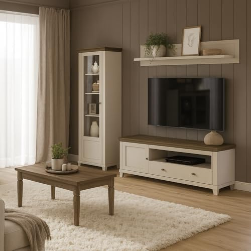 Lomadox Wohnwand Set in Beige & Eiche im modernen Landhausstil - 4-teilig mit Highboard, Vitrine, Lowboard, Wandregal und Couchtisch, Wohnzimmermöbel-Set, Kaschmir