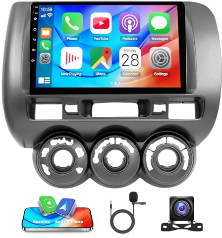 4+64G Android 14 Double Din Car Stereo for Honda Fit Jazz GD 2002-2008 Upgrade Car Radio w/Wireless Carplay Android Auto 9 Touch Screen GPS Navi Head Unit Bluetooth WiFi FM/RDS/SWC Backup Camera Mic