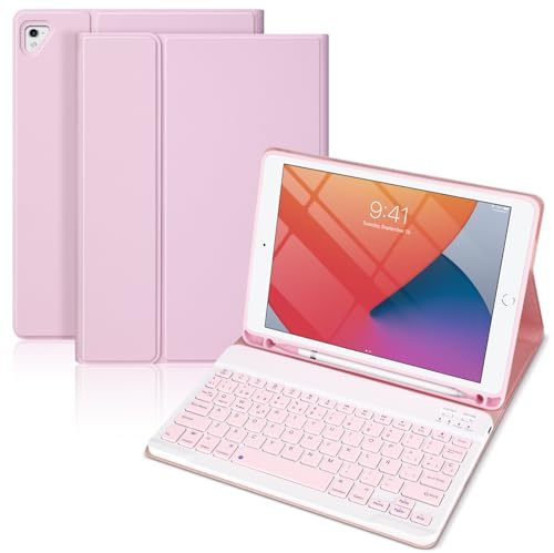 KTOITION Custodia tastiera per iPad 5a Gen 2017/6a Gen 2018/7a Gen 2019/ Air 2/Pro 9.7, tastiera Bluetooth per iPad 9.7 pollici, supporto per penna e tastiere ricaricabile, rosa