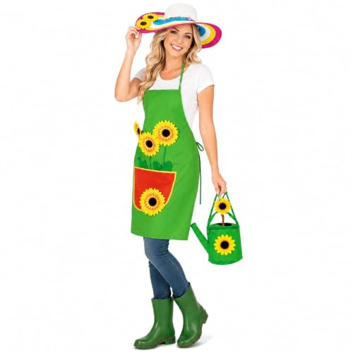 Das Kostümland Gärtnerschürzen Set für Damen | Schürze, Sonnenblumen Hut & Gießkannen Handtasche | Garten Kostüm für Karneval & Mottoparty