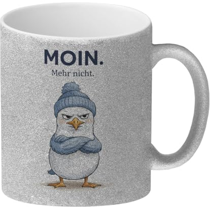 speecheese Glitzer-Kaffeebecher Manfred die Möwe Moin mehr nicht | für Küstenfans Lustige Tasse für Büro & Zuhause - Maritimer Kaffeegenuss