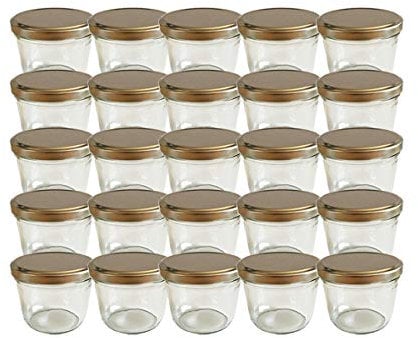 hocz 25x Marmeladengläser 230 ml Set | Deckel Gold TO 82 | mit Etiketten NZ | Einmachgläser mit Schraubdeckel zum befüllen | Sturzgläser für Marmelade | Schraubgläser | leere Gläser | 25 Stück