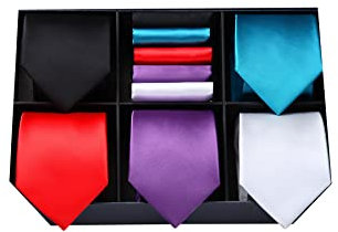 HISDERN Herren Krawatten Set 5 Stück Einfarbig Seidenkrawatte mit Einstecktuch Klassische Elegante Krawatte für Männer Taschentuch mit Geschenkbox