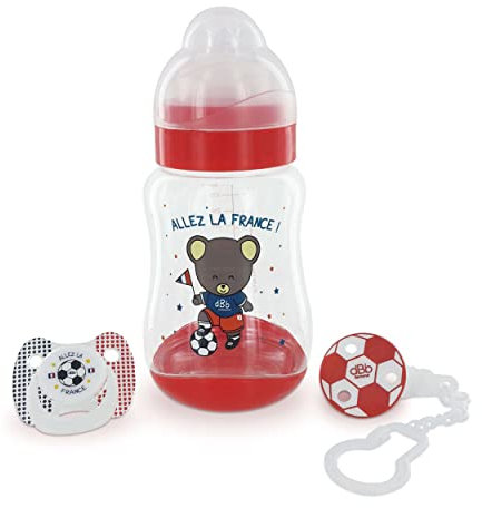 Coffret Foot dBb Remond - 1 biberon L.O -large ouverture- en tritan 300 ml + 1 sucette et son attache-sucette - rouge