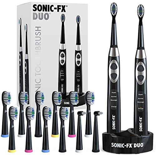 Sonic-FX Duo Rechargeable Electric Toothbrush Set - with 14 Brush Heads, 3 Modes, Smart Auto-Timer, Charging Dock Holder - Dual Handle Electric Tooth Brush for Adults & Kids, Black