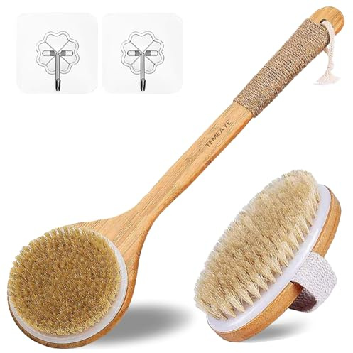 TEMEAYE Dry Brushing Body Brush, Wooden Handle, Natural Bristles, 2Pcs-Set