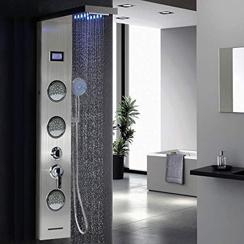 Colonna doccia a LED Pannello doccia in acciaio inossidabile con doccetta a mano, cascata e doccia effetto pioggia, doccia per il corpo, sotto il rubinetto (acciaio inossidabile schermo LCD)