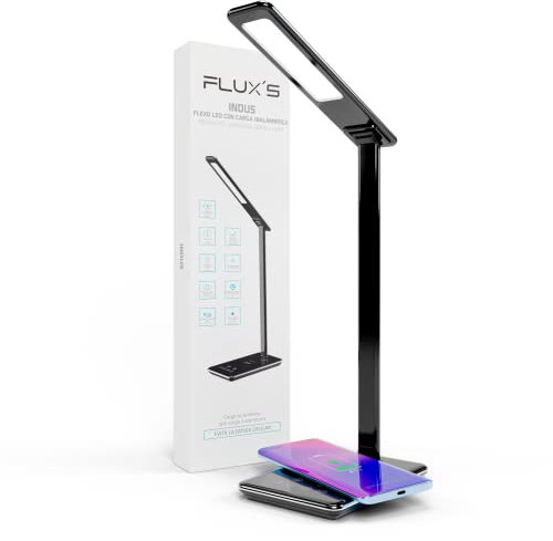 FLUX'S - Lámpara Escritorio LED con Carga Inalámbrica Wireless y Puerto USB, Flexo de Lectura con 4 Modos y 10 Niveles de Brillo, Control Táctil Regulable y Temporizador, Bajo Consumo (Negro)