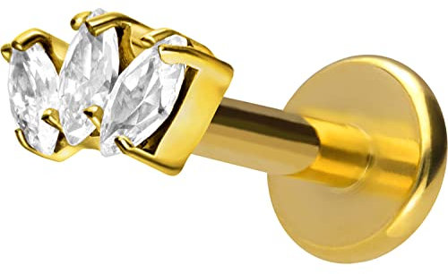 PIERCINGLINE Titan Labret mit Gewinde 3 Kristalltropfen Piercing Lippe Nase Ohr Helix Goldfarben 1,2 x 7 mm