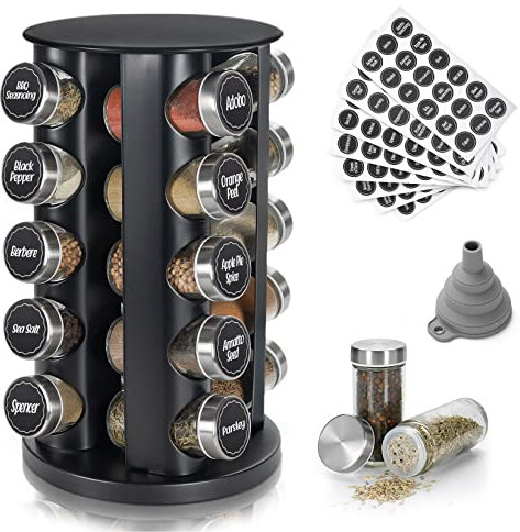 Étagère à épices pivotante noire pour comptoir, 20 pots à épices, 135 étiquettes à épices avec entonnoir, pour comptoir de cuisine, armoire (20 bocaux, noir)