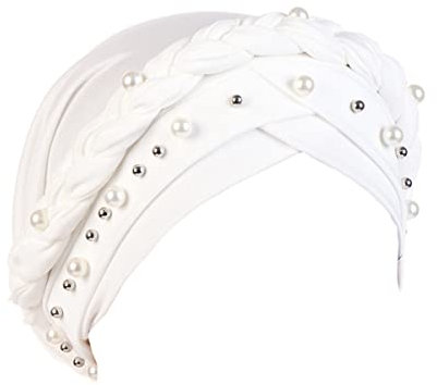 LIUPUUDLY Turban Damen Chemo Mode Kopftuch Kopfbedeckung mit Perle Beanie Mütze Haarausfall Hut Schlafmütze (Weiß)