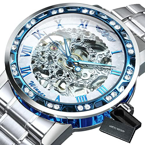 YONY Neue mechanische Uhr Männer schnitzen Kristall Iced Out Herrenuhren Top-Marke Luxus Stahlband Unisex Größe Uhr-BO Silber BLAU WEIß