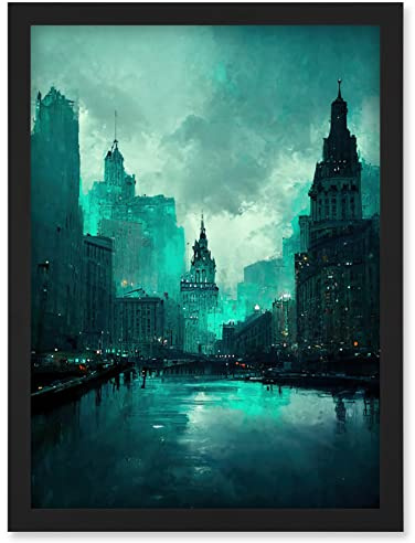 Doppelganger33 LTD Winter Teal New York Hudson River Cityscape Artwork Framed Wall Art Print A4