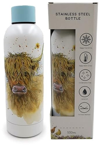Puckator Wiederverwendbare Thermo-Trinkflasche aus Stahl 530 ml - Schottischer Ochse - Jan Pashley