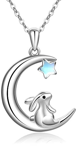 YAFEINI Hase Kette 925 Sterling Silber Mond Kaninchen Anhänger Halskette Hase Schmuck Geschenke für Damen