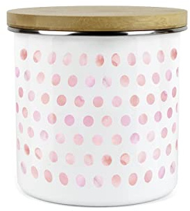 Purely Home Pink Polka Dots Spots Plain Canister - White Metal Enamel Kitchen Food Storage Container