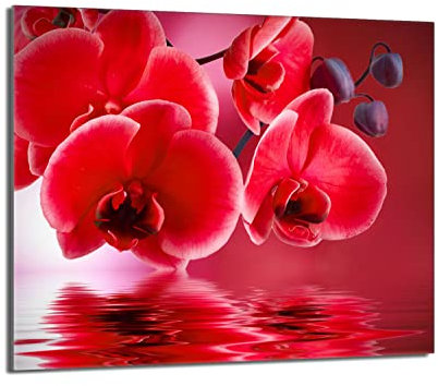Herdabdeckplatte 60x52 Einteilig Glas Elektroherd Induktion Herdschutz Spritzschutz Glasplatte Deko Schneidebrett, Orchidee Rot
