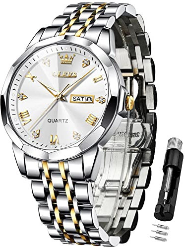 OLEVS Uhren Herren Diamant Business Kleid Analog Quarz Edelstahl Wasserdicht Leuchtdatum Zweifarbig Luxus Casual Armbanduhr Geschenke für Männer