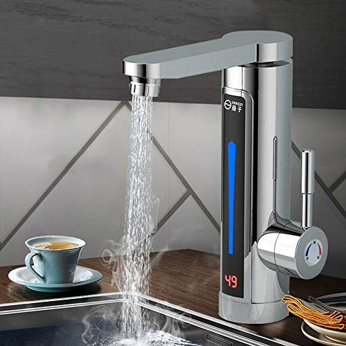 TouSuaRSi 3300W 220V Elektrisch Wasserhahn Sofort Warm Durchlauferhitzer Bad Küche Armatur 360 ° drehbarer LED Elektrischer Küche Waschbecken Wasserhahn sofort Warmwasserhahn Silber (Kurz-Stil)