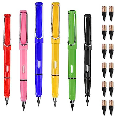 Taicols 6 Stück Ewiger Bleistift mit Radiergummi, Tintenloser Permanent Bleistift, Tragbar Wiederverwendbar Bleistift, mit 12 Auswechselbaren Spitzen, Langlebiger Magischer Endlos Bleistift (A)