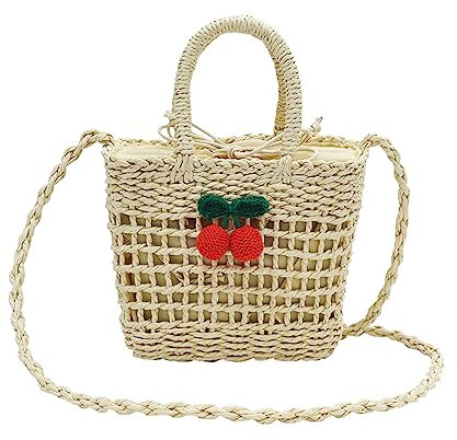 NICOLE & DORIS Sac de Plage Bandoulière Sac à Main en Paille pour Femme Sac Plage Épaule Sac Messenger Fille Sac Seau en Rotin Sac pour Les Vacances Beige+Cerise