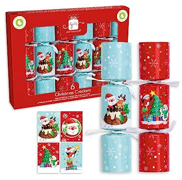 Giftmaker Pack 6 Mini Novelty Christmas Crackers Blue & Red Santa & Friends Designs