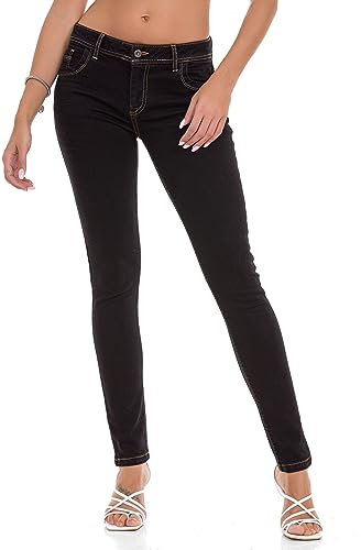 Cipo & Baxx Damen Jeans WD443 Schwarz - Slim Fit Straight Uni Look Jeans Hose - Schlichtes Design, Atemberaubender Look, Angenehmes Gefühl - WD443 Schwarz W26-L34