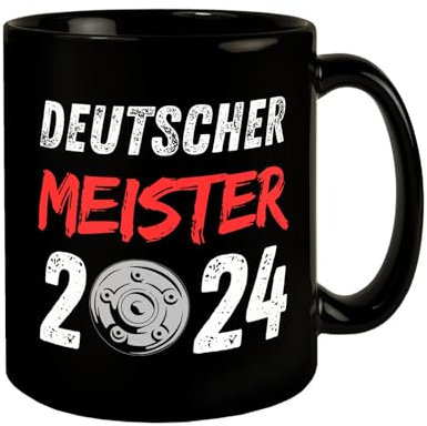 Leverkusen Meisterschale Tasse in Schwarz mit Spruch Deutscher Meister 2024 Fußball NRW Meisterschafts-Trophäe für Gewinner und Sieger des Wettbewerbs