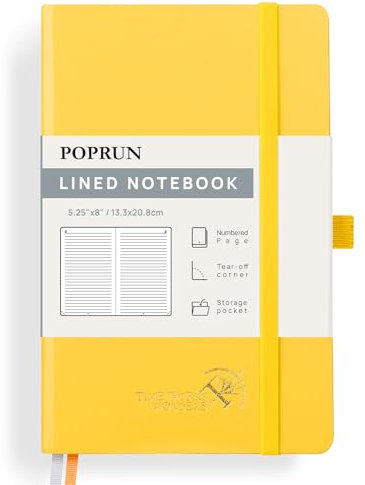 POPRUN Notizbuch A5 liniert, 120 GSM Papier für Frauen und Männer, 128 nummerierte Seiten, Hardcover mit Selbstklebenden Registerkarten und 8 Abreißblättern - Hellgelb