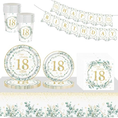 70P Sage Eucalyptus 18th Birthday Tableware Set with Happy Birthday Banner, Paper Cups, Napkins, Plates and Table Cloth - Green Gold Dinnerware Kit