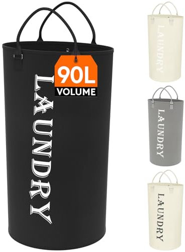 Lifewit Cesto Portabiancheria 90L, Portabiancheria Sporca Salvaspazio, Cesta Portabiancheria Grande con Manico Facile da Trasportare per Vestiti, Asciugamani, Coperte, Giocattoli, Nero