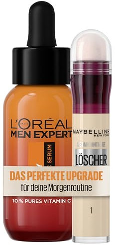 Maybelline New York Instant Anti-Age Effekt Concealer, Löscher mit Mikro-Lösch-Applikator, Nr. 01 Light, 6,8 ml + L'Oréal Men Expert Vitamin C Serum gegen müde Haut für Männer, Hydra Energy, 30 ml