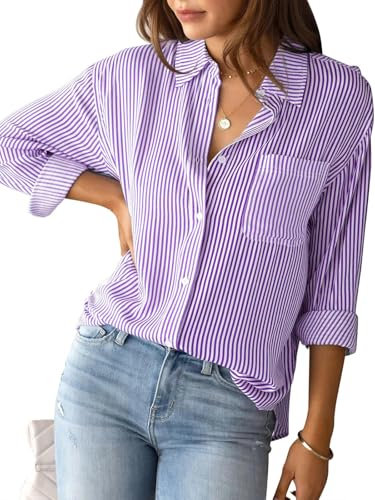 SHEKINI Camicetta da donna, elegante, a maniche lunghe, con bottoni, casual, da ufficio, da donna, a righe, Lilla, M