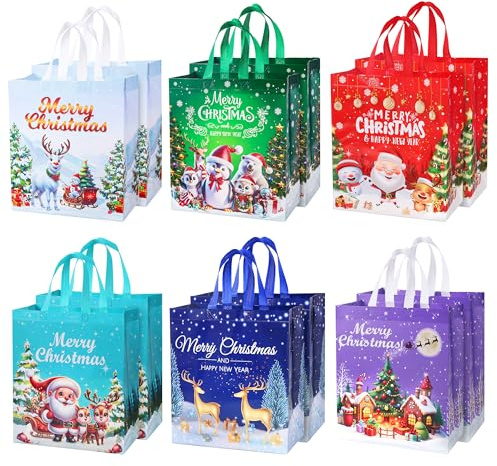 HuiCloud Large Christmas Tote Bags - 12 Pack Reusable Waterproof Non-woven Xmas Gift Bags for Storage, Shopping, Party Decoration