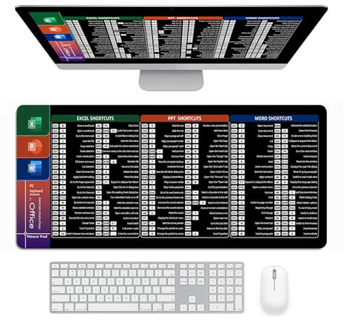 Lotvic Grand tapis de souris avec raccourcis clavier Excel - 80 x 30 cm - Multifonctionnel - Grand tapis de bureau antidérapant - Impression claire - Pour ordinateur portable, MacBook, PC, bureau,