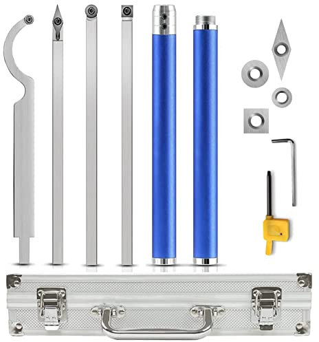 Chisels, Carbide Tipped Wood Lathe Turning Tools Set Wood Lathe Chisels Lathe Rougher Finisher Swan Neck Hollowing Tools and Aluminum Alloy Grip Handle with Diamond Round Square Carbide Inserts