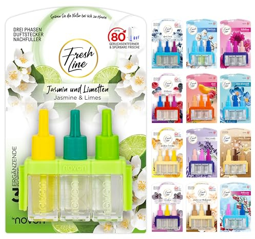 FRESH LINE® Duftstecker Nachfüller 3er Pack (3x7ml) – 3-Phasen-Wechsel – komp. zu 3VOLUTION – Lufterfrischer – 6 Düfte: Wildbeeren, Jasmin Limetten, Aprilfrisch, Goldene Orchidee, Vanille, Orchideen