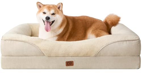 EHEYCIGA Orthopädisches Hundebett Mittelgroße Hunde, 91x68x17.5cm, Memory Foam Waschbar und Wasserdicht Hundekorb mit 4 Rändern, Hundesofa Hundecouch rutschfest, Beige