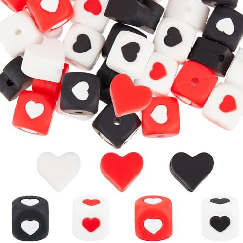 SUNNYCLUE 1 Box 42Pcs 7 Styles Love Silicone Beads Square Heart Beads Focal Bulk Small Plastic Red White Cube Shaped Soft Loose Hearts Beads for Bracelets Beaded Necklace Keychain Supplies Women Adult
