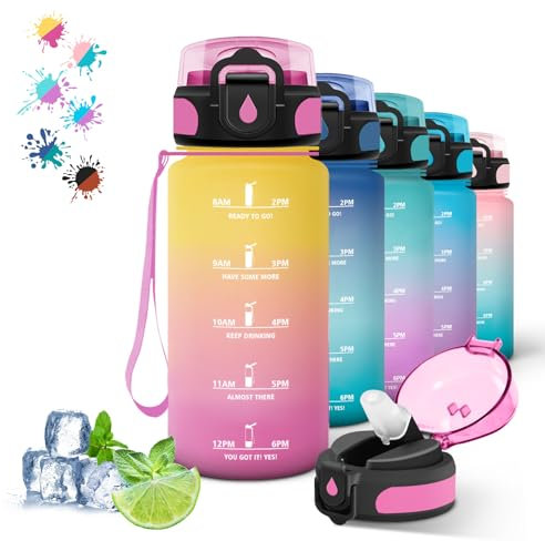 Borraccia, 500ml Borraccia Bambini, Borraccia Motivazionale con Cannuccia, Borraccia Scuola con Scala Temporale, Facile da Pulire, Borraccia Sportiva Senza Perdite, per Viaggio, Campeggio, Giallo-Rosa