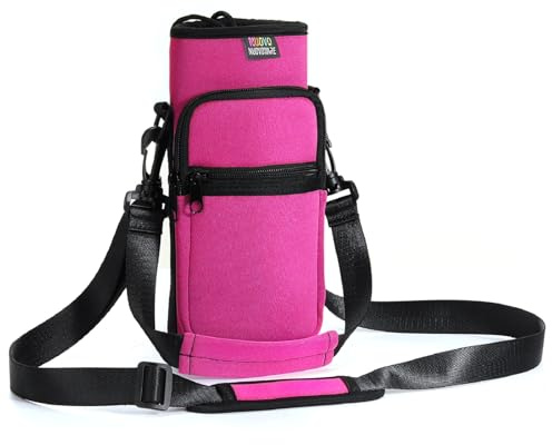Nuovoware Water Bottle Carrier Bag, 1000ml Bottle Pouch Holder, Adjustable Shoulder Hand Strap 2 Pocket Sling Neoprene Sleeve Sports Accessories for Hiking Travelling, Fuchsia