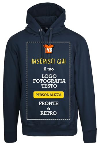 T-SHIRT48 Felpa Personalizzata Uomo con Foto, Testo o Loghi Made in Italy - Felpa Personalizzabile con Cappuccio - Regali e Gadget Personalizzati (Blu - L)