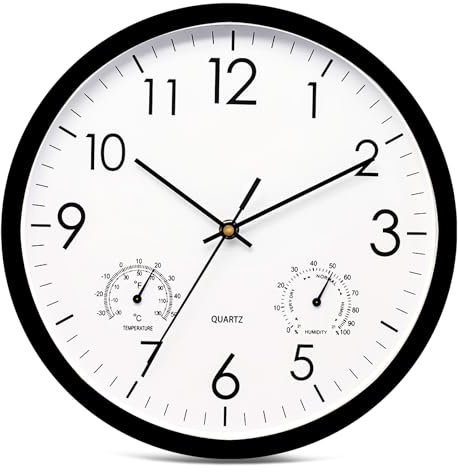 hurifeng Wanduhr mit Temperatur- und Feuchtigkeitsanzeige, 12 Zoll Quarzuhr für Wohnzimmer, Schlafzimmer, Küche, Bad - Schwarz/Weiß, Lautlos, Minimalistisch, Kunststoffgehäuse, Glasfront (Schwarz)