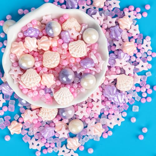 Twisweet Muschel-Streusel 130g, Essbare lila Perlen zur Kuchendekoration, Rosa-Stern-Zuckerstreumix, Ozean-Motiv Tortenaufleger für Cupcakes Kekse Eis-Deko, Kindergeburtstag-Sommerparty-Zubehör