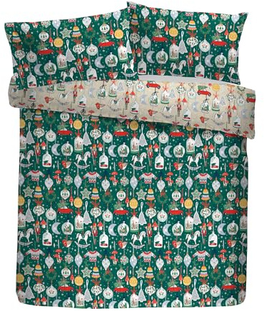 Fusion Christmas Ornaments Duvet Cover Set, Single 140x200cm, Green, 52% Recycled Polyester 48% Cotton, Reversible Print, 56 Pick