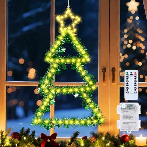 Qoosea Weihnachtsbaum Fenster Lichter Batteriebetrieben 110 LED Faltbare Weihnachtsfensterbeleuchtung Dekoration 8 Modi Timer Fernbedienung IP65 Wasserdicht für Wand Xmas Baum Innenbereich