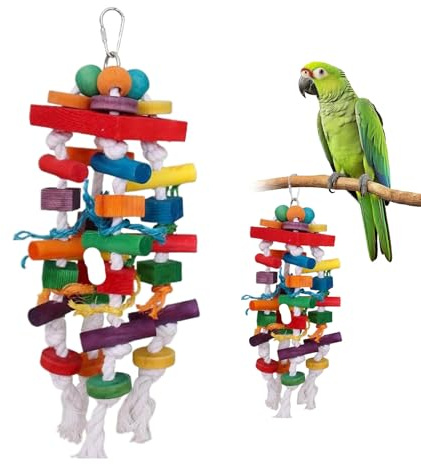 QYRDBGY Papageienspielzeug HäNgespielzeug, Bunte GroßEr Vogel Papagei Wellensittich Nymphensittich Spielzeug HolzblöCke Kauen Vogelspielzeug für Wellensittiche GroßE MittelgroßE VöGel