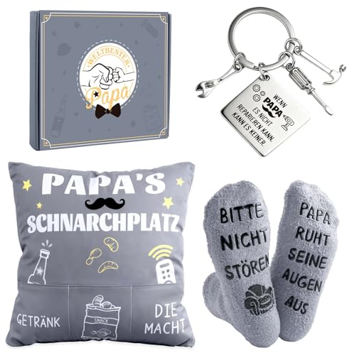 Moiuguli Geburtstagsgeschenk für Männer, Papa Geschenk, Papa Geburtstagsgeschenk mit Kissenbezug 45 x 45 cm Socken Schlüsselanhänger, Vater Geschenk zum Geburtstag, Vatertag, Weihnachten​