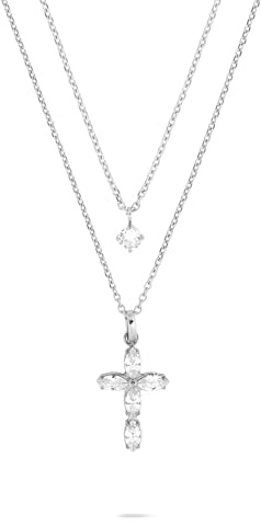 Tamaris Halsketten Layering Set für Damen, Halsschmuck einzeln tragbar und Größenverstellbar mit schimmerndem Kreuz Anhänger, wasserfest aus Edelstahl